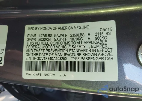 2019 Honda Accord Sport z USA, uszkodzony, nr VIN 1HGCV1F34KA103250